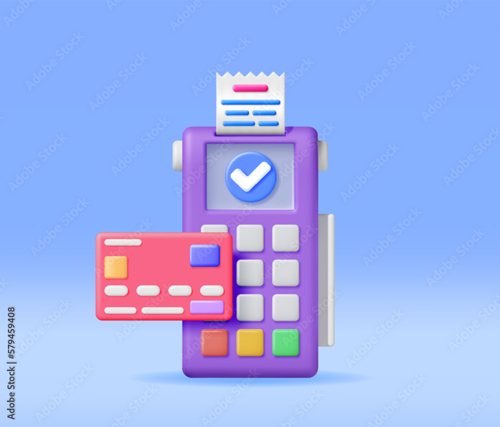 3D Payment Terminal with Card and Receipt Isolated. Render Modern POS Bank Payment Device. Payment NFC Keypad Machine. Credit Debit Card Reader. Contactless Payment Transaction Vector illustration 3D Payment Terminal with Card and Receipt Isolated. Render Modern POS Bank Payment Device. Payment NFC Keypad Machine. Credit Debit Card Reader. Contactless Payment Transaction Vector illustration
