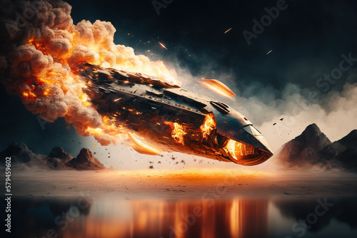 Spectacular spaceship crash, flaming rocket falls into the water. Generative ai