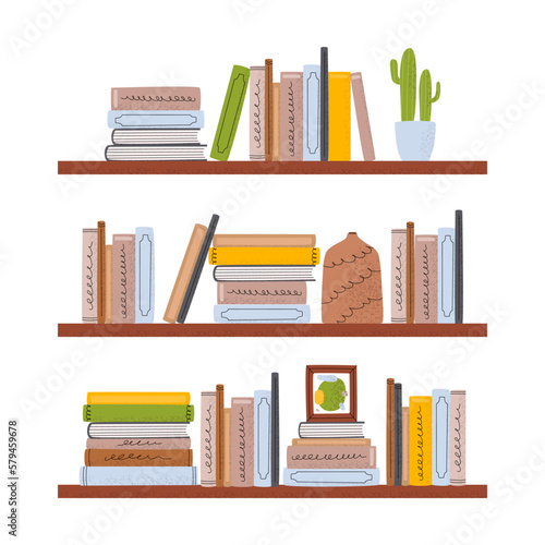 Flat vector illustration of shelves with books of different sizes. Bookshelf in the library room, office shelf, interior. Banner for a library, fair, bookstore.