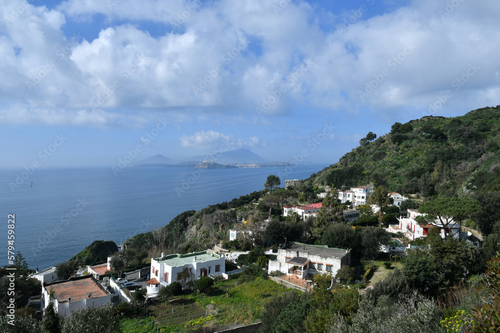 Panoramic view of the gulf from Bacoli, a town in the Campania region, Italy.