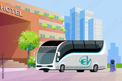 Electric city bus charging hotel parking at the charger station with a plug in cable. Electric buses boost tourism business with clean energy. vector illustration