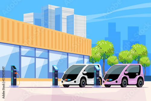 Electric car on charging station with green city. Electric vehicle charging stations are spread across the city. City building in background. vector illustration