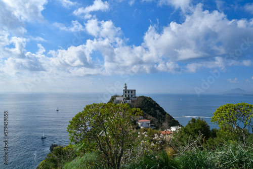 The lighthouse of Capo Miseno, on the coast facing the islands of the gulf of Naples, Italy.
