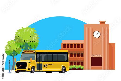 Electric school bus charging station. Electric vehicle charging technology at school parking area. Direction for using clean energy. vector illustration