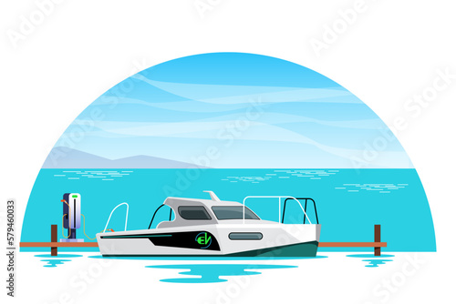 Electric powered boats moored at the pier, Electrical power sockets bollard on pier near sea coast. Electrical outlets to charge ships in harbor. ocean and sky in background. boost tourism business wi