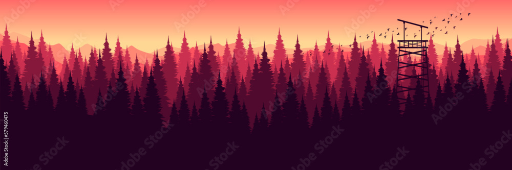 silhouette of pine tree landscape with sunset view flat design vector illustration good for wallpaper design, design template, background template, and tourism design template