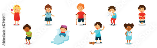 Sick Kids Suffering from Disease Feeling Unwell Vector Set