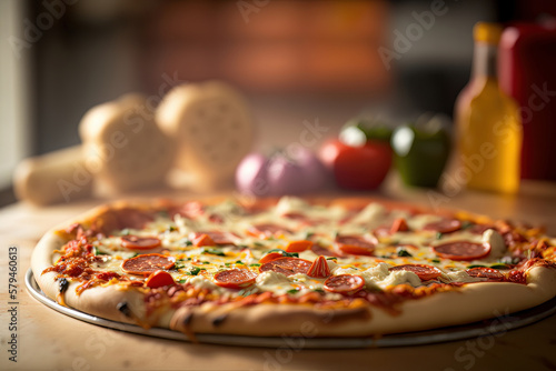 Pepperoni Pizza on Brown wood. Illustration Generative AI