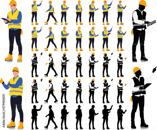 Construction worker poses wearing helmet and vest. Different color options. Worker silhouette set. Hand-drawn vector illustration isolated on white. Full length view 