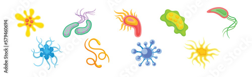 Bacteria and Germs Colorful Microorganisms and Disease Causing Microbe Vector Set