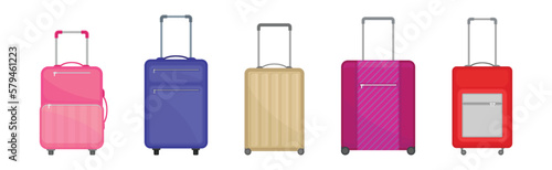 Travel Suitcase with Handle and Wheels as Packed Luggage for Traveling Vector Set