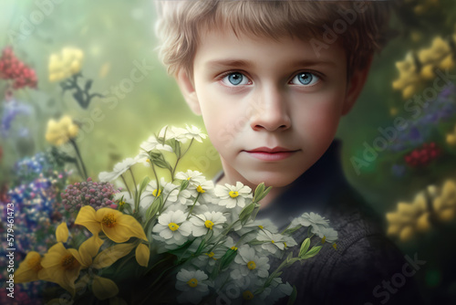 Portrait of a child with flowers bouquet. Beautiful boy in blooming garden. Happy kid on the blooming glade in wildflowers. Generative ai illustration
