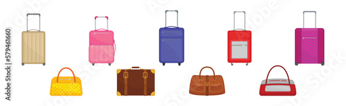 Travel Suitcase with Trunk and Handbag as Packed Luggage for Traveling Vector Set