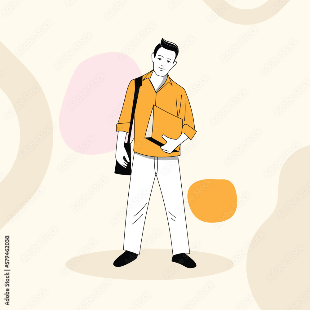 A middle-class businessman vector character illustration with a bag on his shoulder stands in front of a colorful background.
