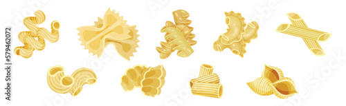 Macaroni as Dry Shaped Pasta Made with Durum Wheat Vector Set