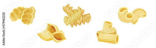 Macaroni as Dry Shaped Pasta Made with Durum Wheat Vector Set