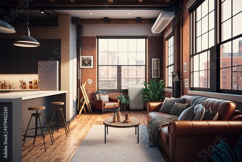 Loft Apartment Interior in Industrial Style - Elevate Your Living Space with AI-generated © Digital Dreamscape