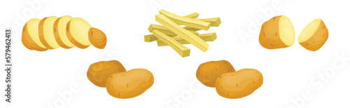 Whole Potato and Sliced or Chopped as Root Vegetable or Starchy Tuber of Plant Vector Set