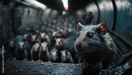 rat plague, lot of rats, bunch of rats, rats in metro, rats invasion, invasion of rats, plague infestation, rodent invasion. GENERATIVE AI photo