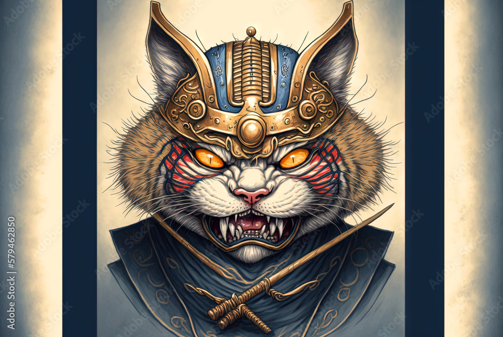 Cat samurai in traditional drawing style. Japanese styled art with