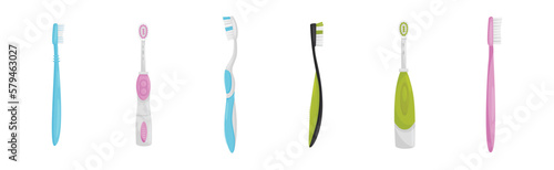 Toothbrush with Bristles and Handle as Oral Hygiene Instrument Vector Set