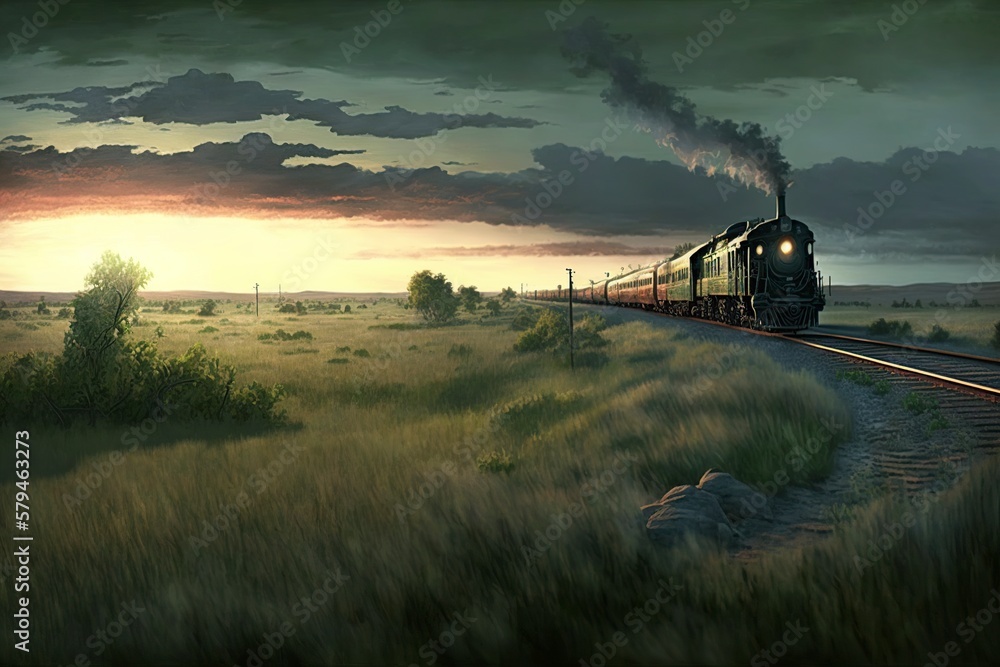 Fototapeta premium illustration, train ride across the plains at sunset, generative ai