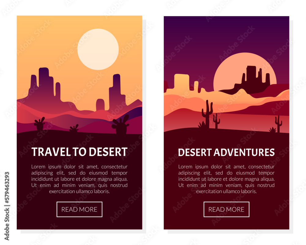 Wild Desert Trip and Travel Web Banner Design with Sand and Cactus Silhouette Vector Template