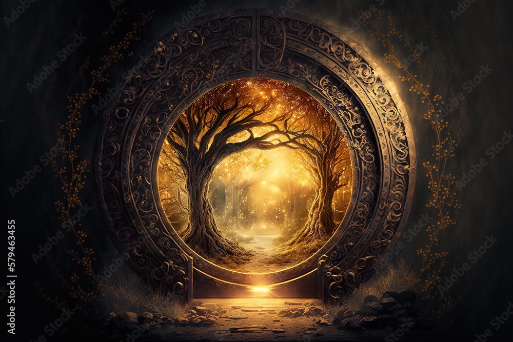 Beautiful fantasy portals to unknown worlds in golden hues AI