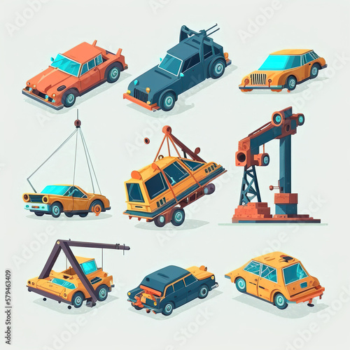 Opened used cars icons set. A junkyard is a site for scrapped cars. AI generated illustration.