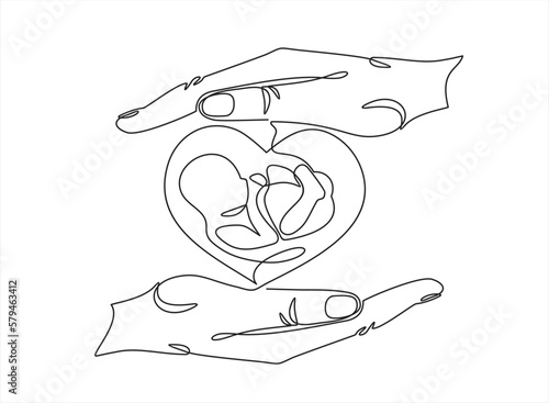 Continuous one line drawing of heart with newborn, unborn child baby inside in hands. Concept of protect child, this can also used for test tube baby, save child.