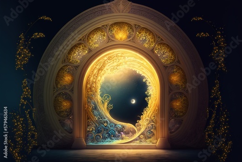 Beautiful fantasy portals to unknown worlds in golden hues AI