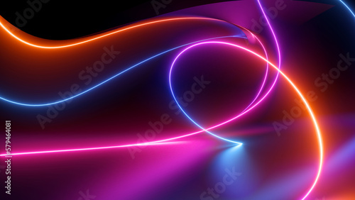 Foto 3d render, abstract black background with pink blue neon lines glowing in ultrav