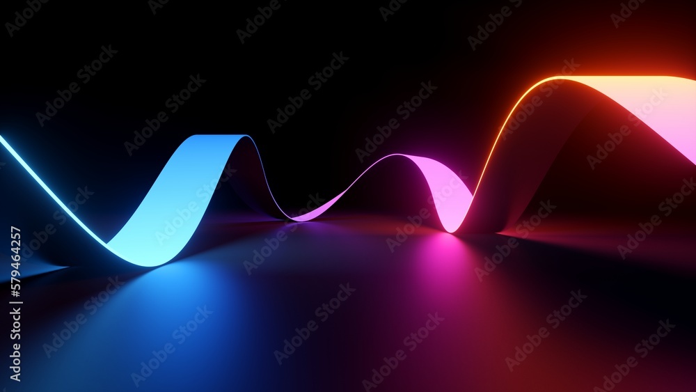 3d render, simple neon background, abstract wallpaper with wavy ribbon, colorful gradient - obrazy, fototapety, plakaty 