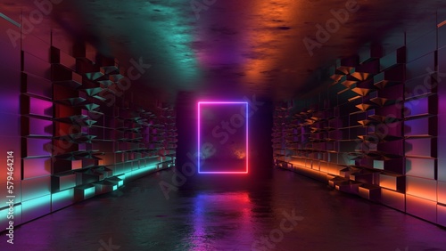 3d render. Abstract background with glowing neon rectangular frame inside the dark empty room. Futuristic technology wallpaper