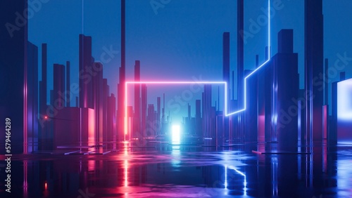 3d render, abstract concept of the urban street at night, red blue neon city, background with geometric shapes and glowing lights