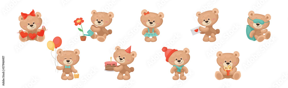 Fototapeta premium Cute Cartoon Teddy Bear Engaged in Different Activities Vector Set