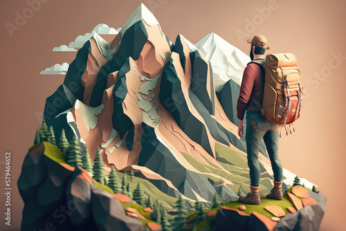 Man with backpack, traveller or explorer standing on top of mountain or cliff and looking on valley. Concept of discovery, exploration, hiking, adventure tourism and travel. 3d render (ai generated) photo
