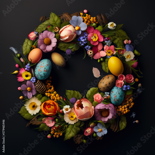 Traditional Easter Wreath Decorated with Fresh Blooms and Hand-Painted Eggs -ai generated. © Ruslan