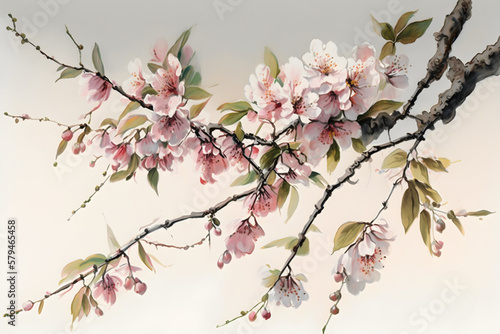 Beautiful spring cherry blossom in pastel colors and light background, watercolor, shallow depth of field, AI generated. © Irina