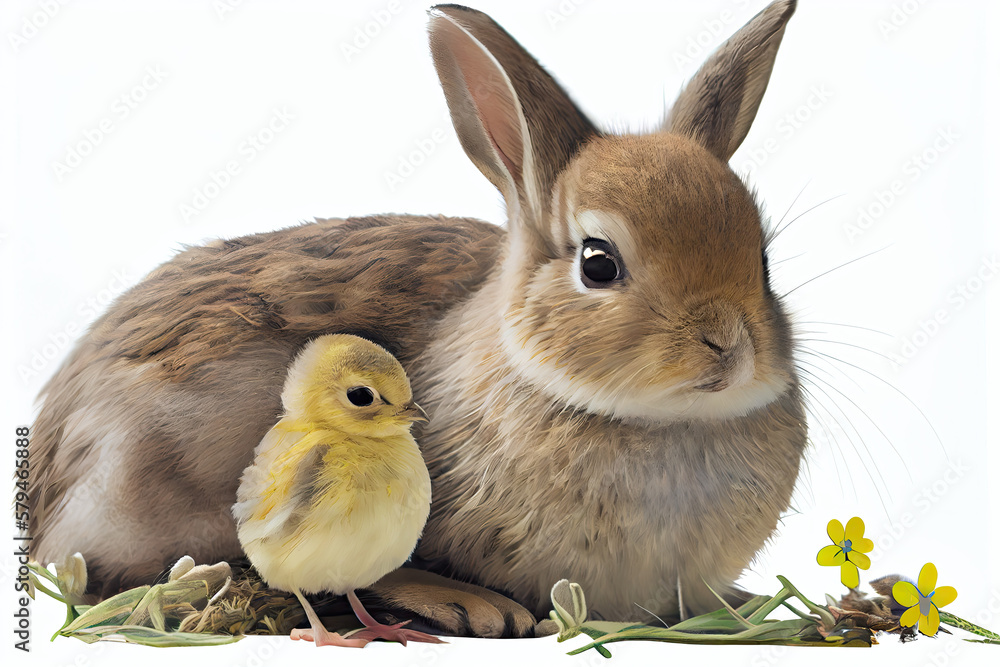 Fototapeta premium Easter bunny with a chicken on white background, Generative AI