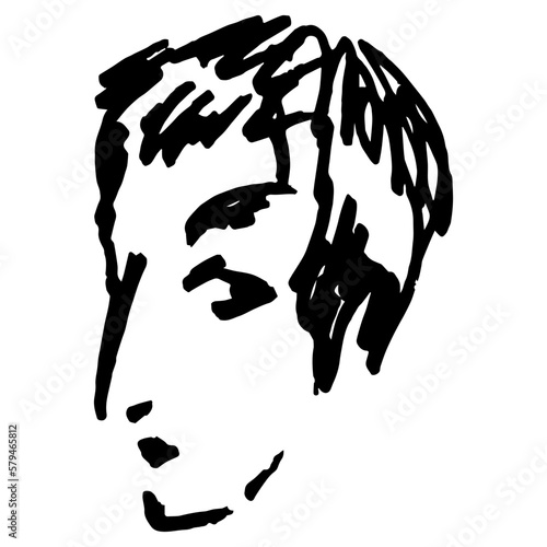 Human head. Portrait of a young person. Hand drawn linear doodle rough sketch. Black ink silhouette on white background.
