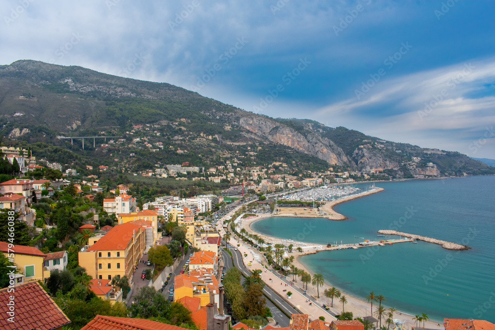 Menton France, Aerial view on coast of sea old Town and mountains. 