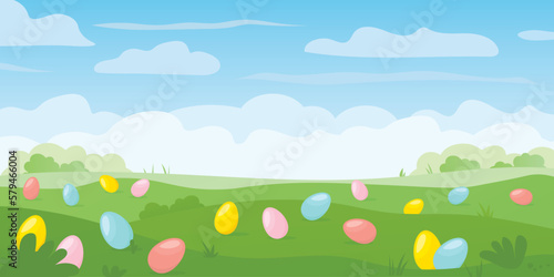 spring meadow landscape with colorful easter eggs, tradition of egg hunt concept- vector illustration