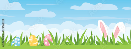 easter banner with rabbit ears and eggs in green grass- vector illustration