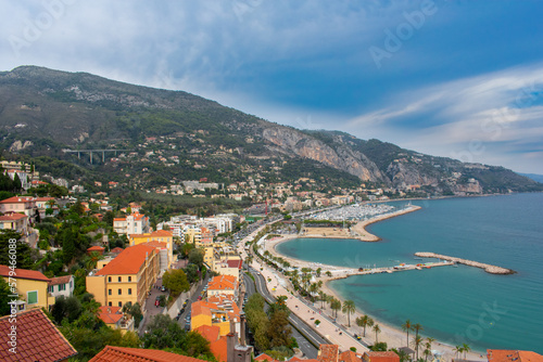 Menton France  Aerial view on coast of sea old Town and mountains. 