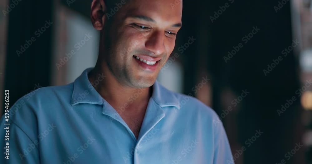 Businessman, happy or night tablet on city building balcony for startup planning, company growth or deadline feedback. Smile, man or working late on technology, website review or brand timeline app