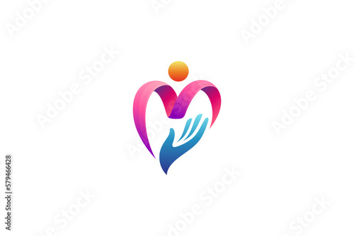 letter M people love and care logo with caring hand symbol colorful design photo