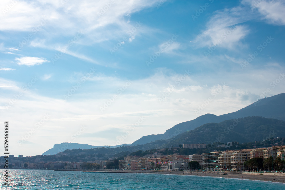 Menton France, Aerial view on coast of sea old Town and mountains. 