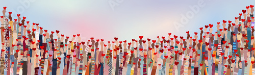 Group of raised hands. Diverse people holding a heart. Charitable donation and volunteer work. A helping hand. Support and assistance. Multicultural community. People diversity. NGO. Aid
