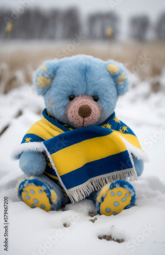 Generative AI illustration of Teddy Bear crying and sad dressed in the flag of Ukraine photo